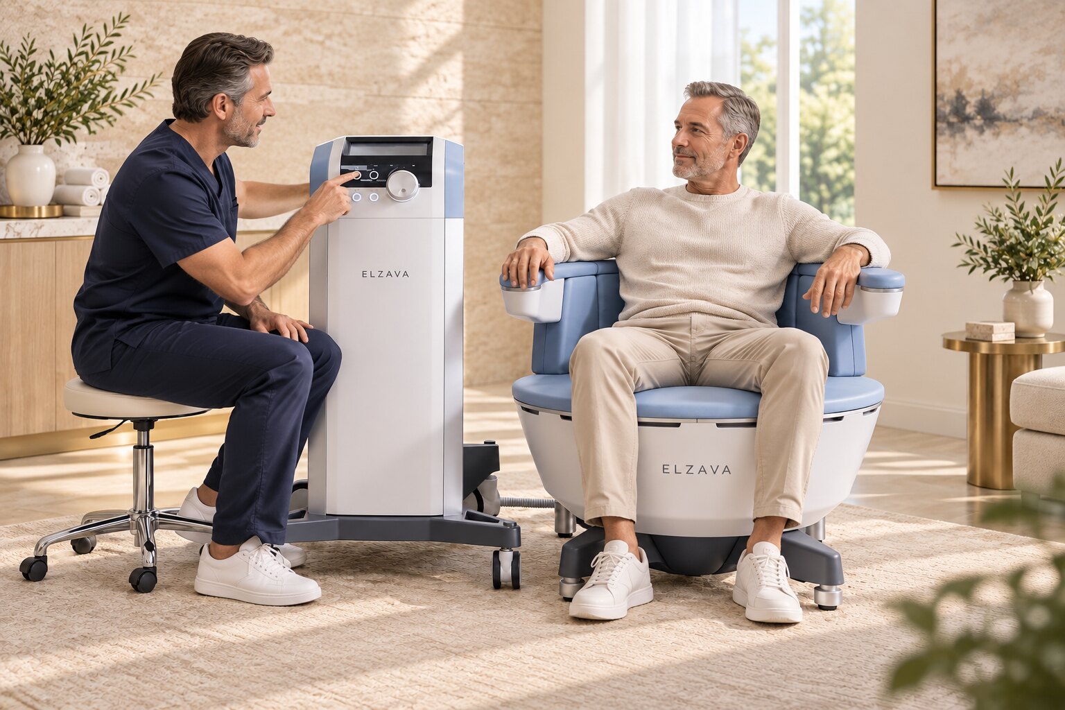 A man receiving a fully clothed Elzava pelvic wellness chair session with a practitioner