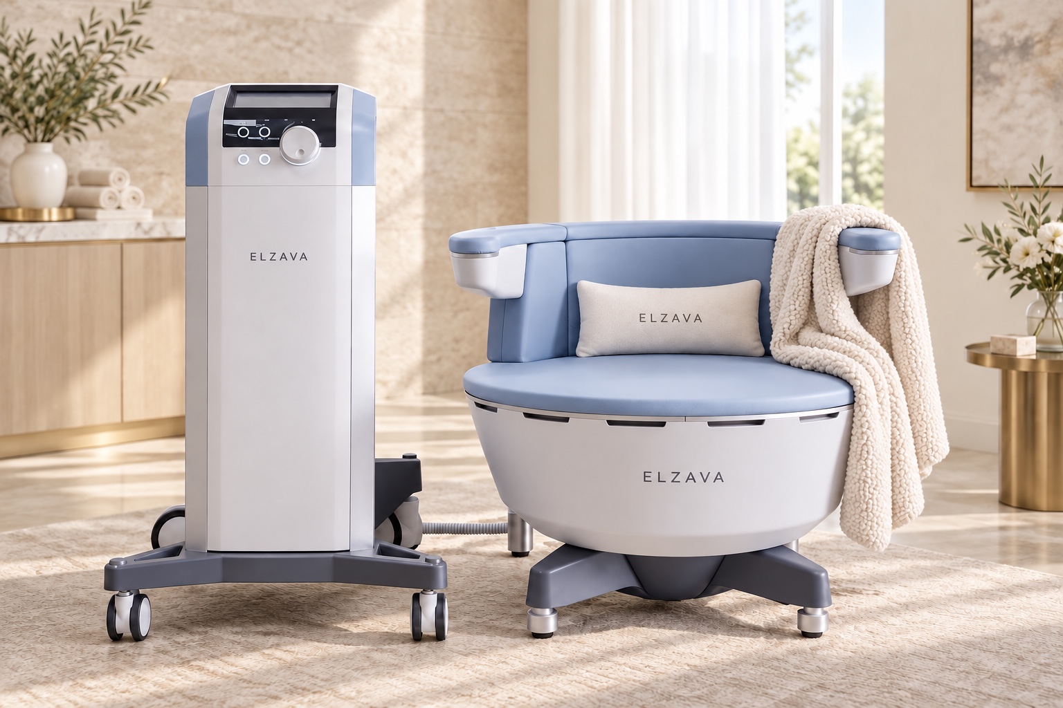 Elzava pelvic health chair and control console in a refined wellness clinic