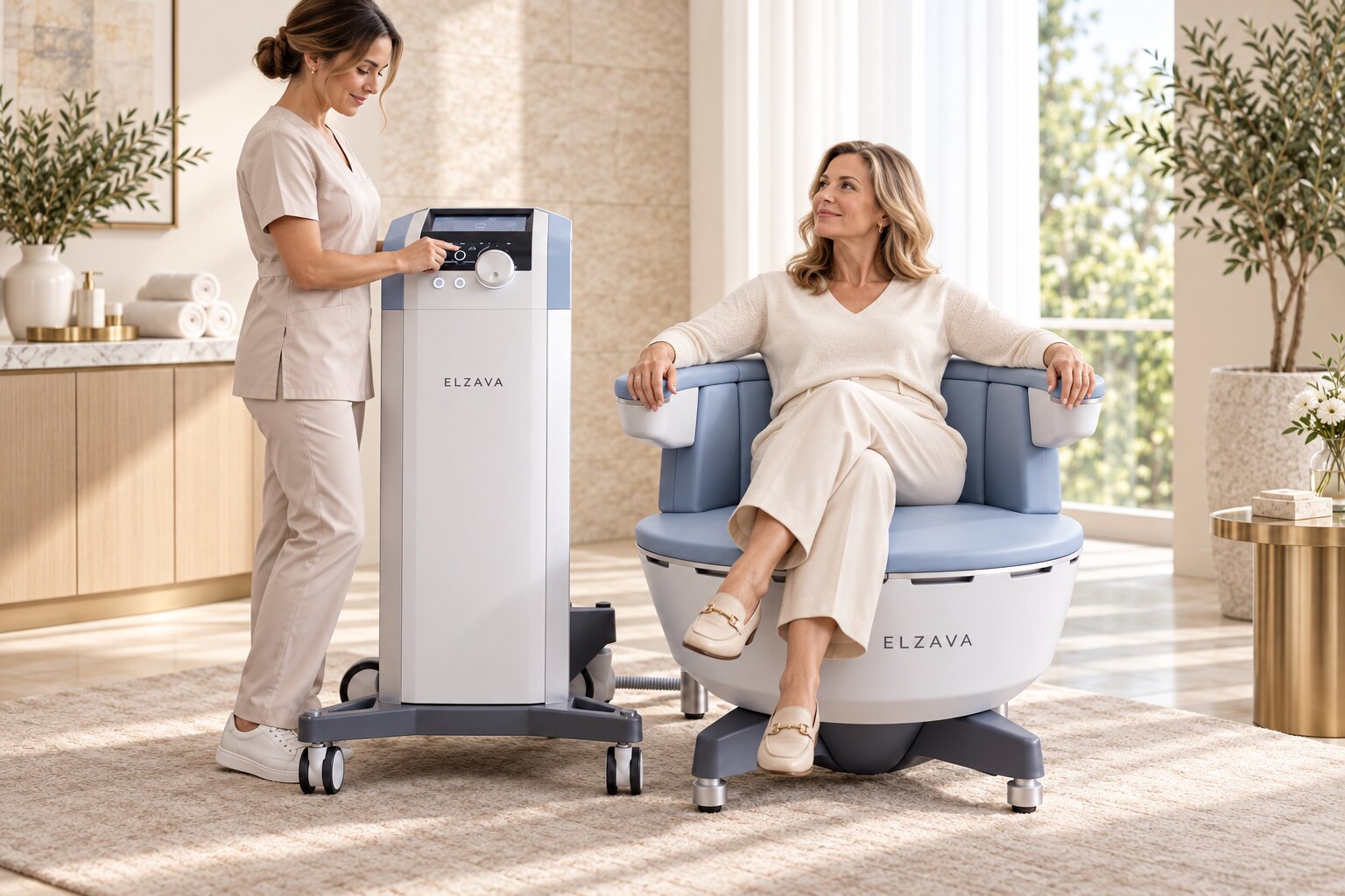 A woman receiving a fully clothed Elzava pelvic wellness chair session with a practitioner